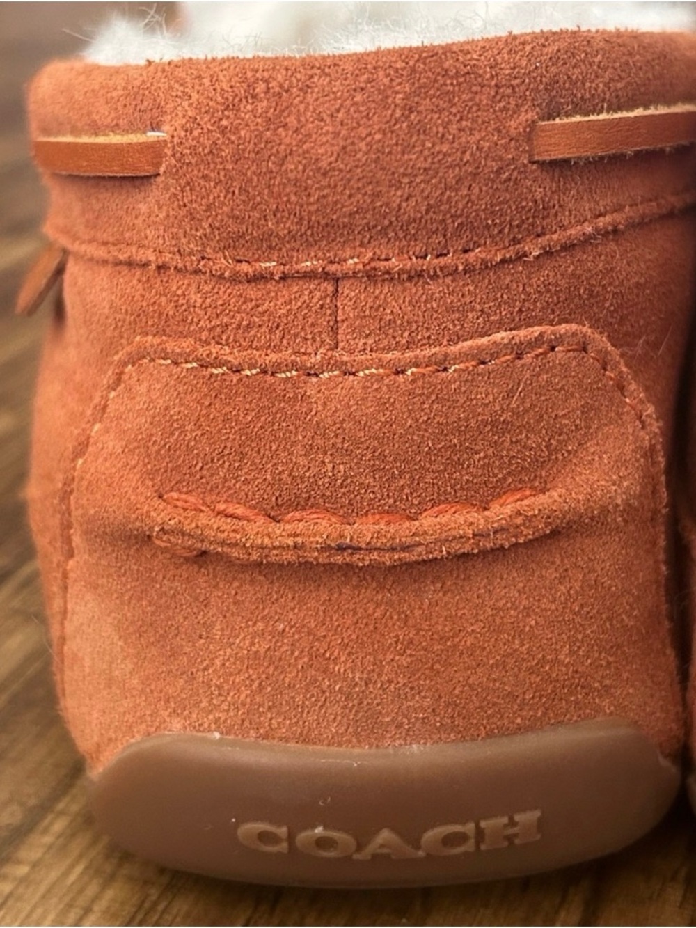 Coach Rust Orange Suede Shearling Moccasin Slippers - Picture 5 of 5